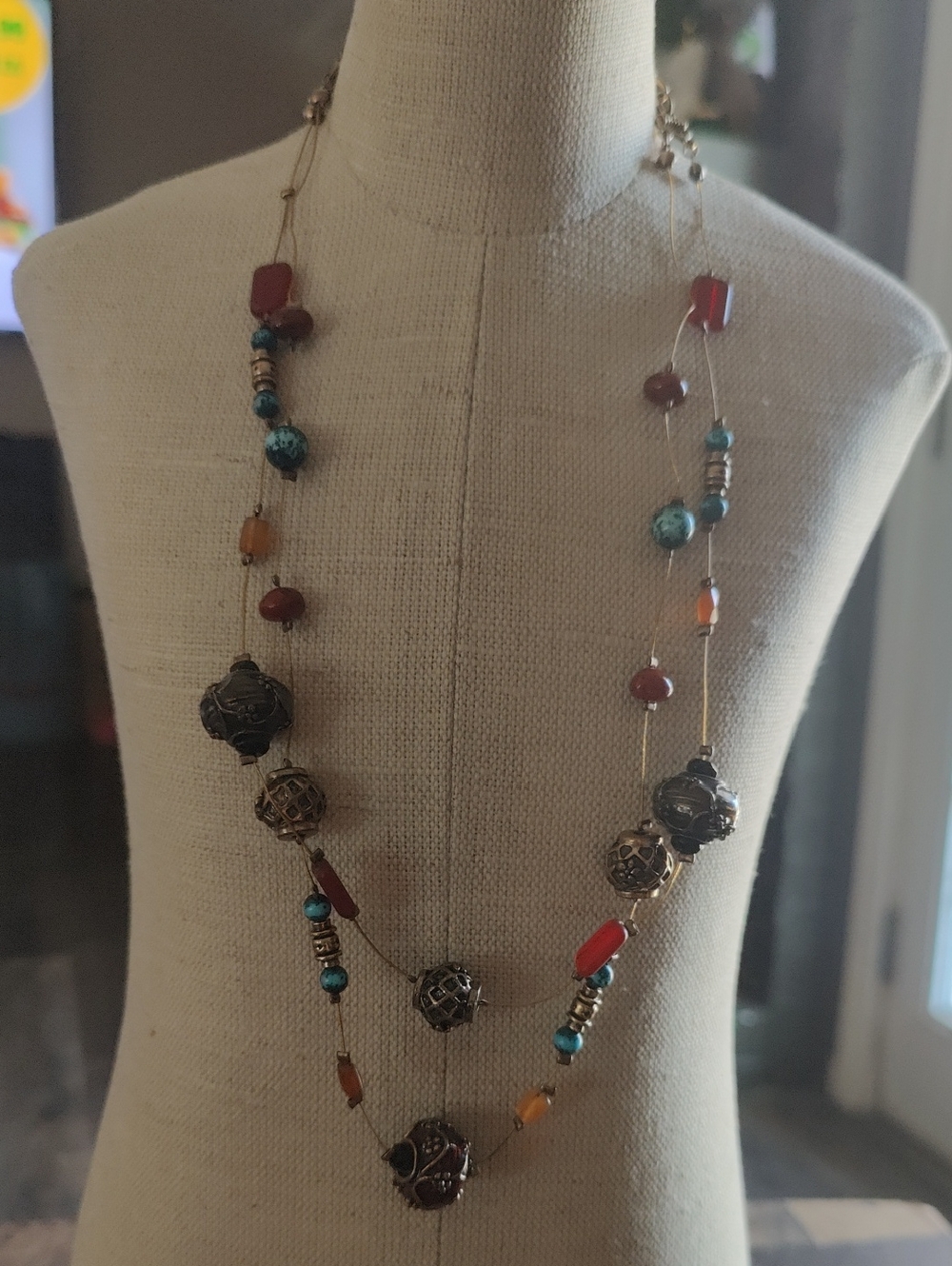 Chico's Red, Turquoise & Amber Bead Long Necklace